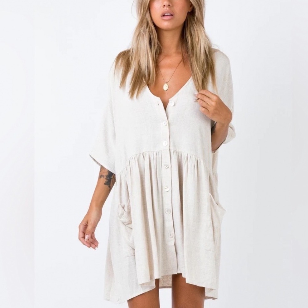 Princess Polly Women's the Sandy Mini Button Up Shirt Dress Beige Size XS/ S